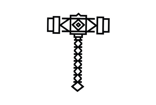 Isolated black outline of a hammer showcases geometric pattern and design elements on a white background
