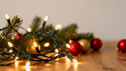 Christmas lights and ornaments on a wooden table with greenery  