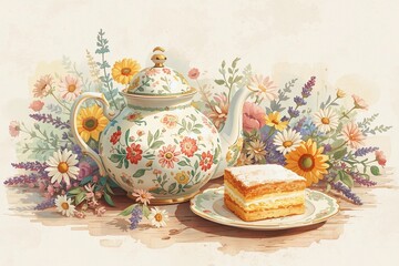 Floral teapot and cake with wildflowers illustration