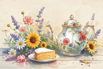 Vintage floral teapot and cake with wildflowers illustration