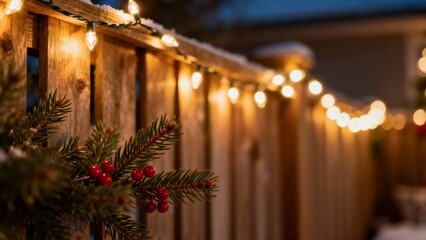 Festive Christmas lights on a wooden fence with pine branches  