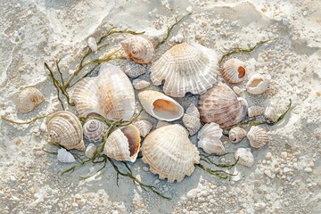 Seashells and seaweed on sandy beach illustration