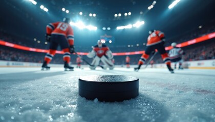 Fototapeta premium Close-up of ice hockey puck on frozen rink during game night. Players skate fast in background. Intense action and crowd energy fill the arena. Winter sport excitement captured in sharp focus.