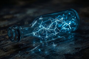 Blue electric lightning inside glass bottle concept