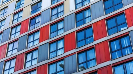Fototapeta premium A modern building facade with a pattern of red, gray, and beige panels. Large windows reflect the sky, creating a vibrant urban atmosphere.