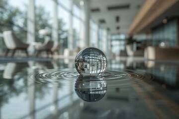 Glass sphere floating on water indoors
