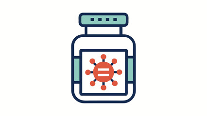Fototapeta premium Flat style icon of a medicine bottle with a virus symbol on the label, representing antiviral treatment or vaccine