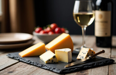A selection of cheeses and a glass of white wine on a rustic wooden table