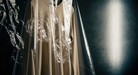 Futuristic fashion concept with protective plastic wrap. Sustainable clothing and environmental impact. Minimalist apparel design for a new collection. Abstract retail presentation