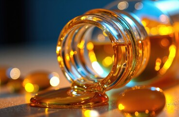 Obraz premium Close-up of spilled golden gel capsules with shiny, reflective surfaces on a textured background