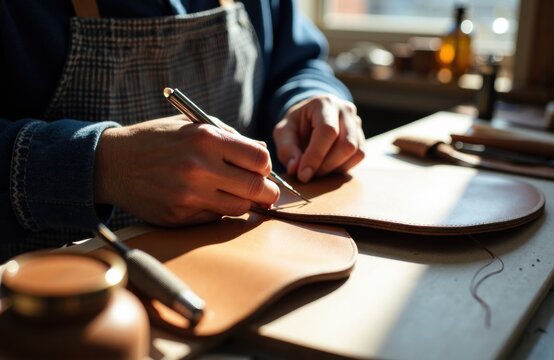 Craftsman hand stitching leather in workshop setting