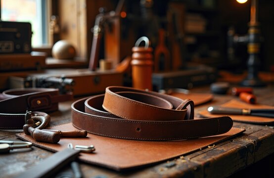 Leather belts arranged on a wooden workbench in a workshop setting