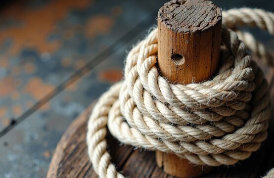Close-up of a thick rope wrapped around a wooden post on a rustic dock or pier - Powered by Adobe
