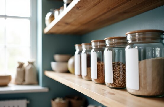 Glass jars filled with grains and spices on wooden shelves in a modern kitchen setting