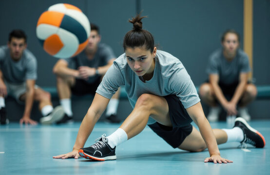 Woman volleyball player stretching on indoor court preparing for serve or reception with teammates in background