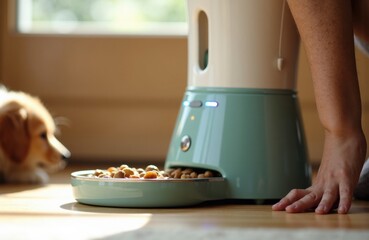 Woman feeding her dog with automatic pet feeder on wooden floor in bright home interior