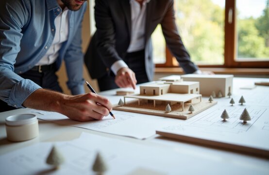 Architects discussing building plans on a table with scale models and blueprints in a bright office space