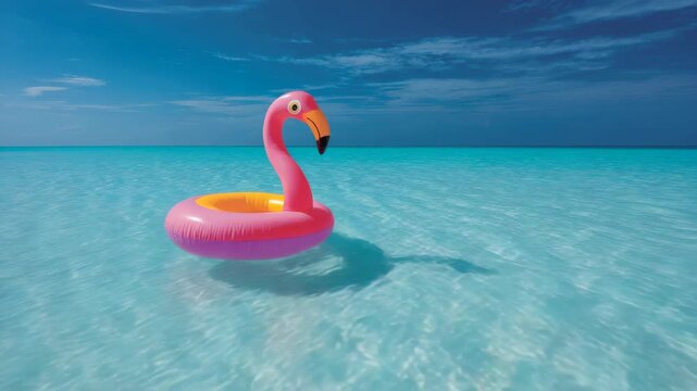 Pink flamingo float in tranquil turquoise tropical ocean under clear blue sky