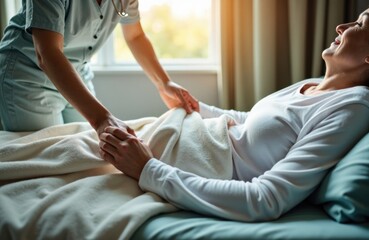 Fototapeta premium Woman receiving care from a nurse in a hospital bed