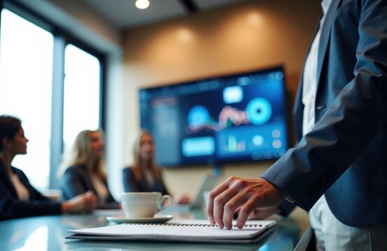 Business meeting with a presenter standing near a conference table and a large screen displaying data in a modern office environment