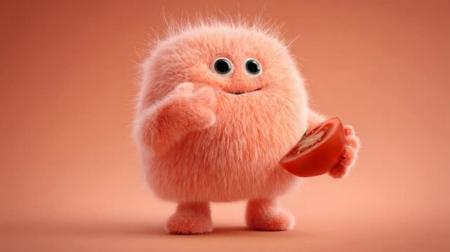 Cute peach fuzzy monster eating a red tomato slice, then happily holding it, and finally enjoying the healthy snack.