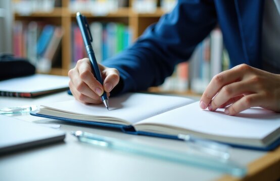 Business professional writing in a notebook during work or study session