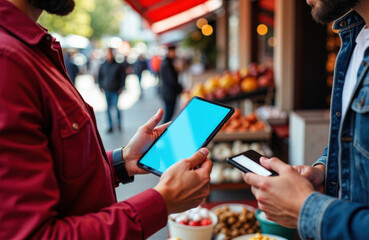 Woman using a tablet and man with a smartphone in an outdoor market setting