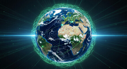 realistic 3D globe surrounded by glowing connection lines — symbol of global cooperation