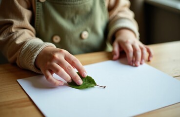 Obraz premium Child's hands holding a green leaf on a blank sheet of paper in a cozy indoor setting