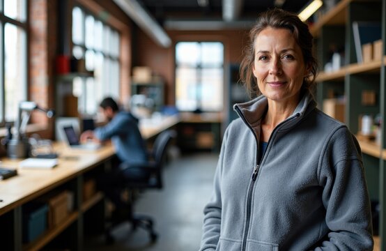 Woman in casual jacket standing in modern office environment with colleagues working at desks