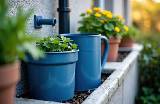 A blue watering can and plant pots with blooming flowers on a garden windowsill