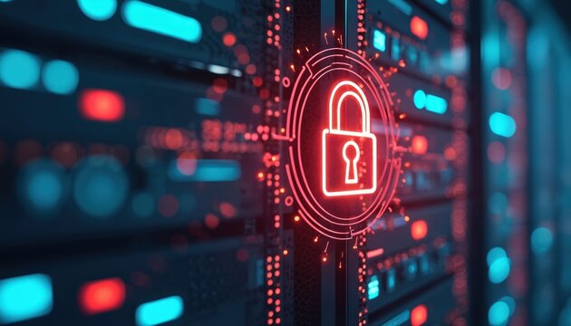 Data protection concept illustration with a padlock on server room background. Perfect for data security article. Ideal for landing page or banner about cloud data encryption, cyber safety.