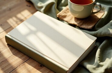 Blank open book with sunlight shadows on wooden surface and a coffee mug nearby