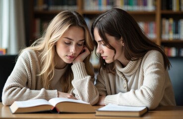 Two young women studying together at a library table with books and focused expressions