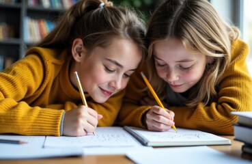 Two young girls studying together at a desk in a library or classroom setting