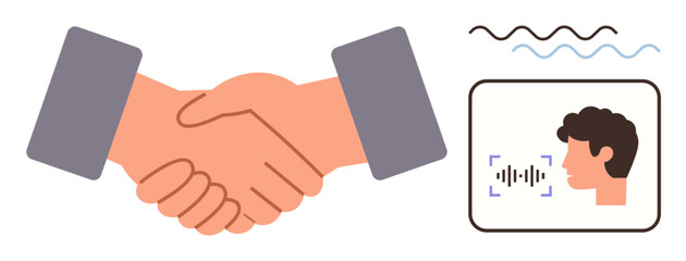 Handshake representing cooperation alongside a face with sound waves signifying speech recognition. Ideal for teamwork, partnership, communication, AI technology, negotiation, collaboration