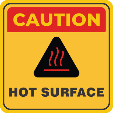 Hot Surface Warning Sign | Yellow and Red Safety Symbol for Workplace Hazard Communication | hot surface warning sign board design, caution hot surface safety label for industrial and kitchen 