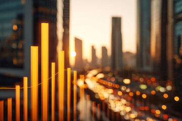 Golden data bars rising over futuristic city skyline, representing digital finance, growth, analytics, and innovation concept.
