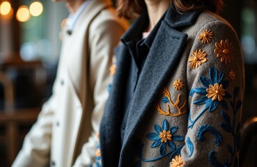 Woman wearing a dark coat with embroidered floral patterns in blue and orange tones