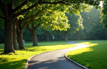 Obraz premium A winding pathway runs through a lush green park with tall trees and bright sunlight