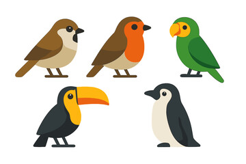 Obraz premium Collection of five stylized cartoon birds including sparrow robin parrot toucan and penguin