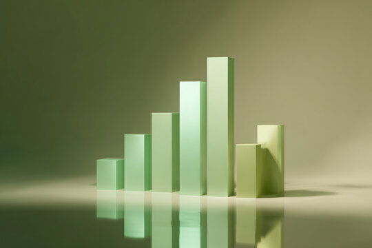 Glowing green glass bars with reflection, representing eco-friendly innovation, finance, progress, and modern sustainable business growth.