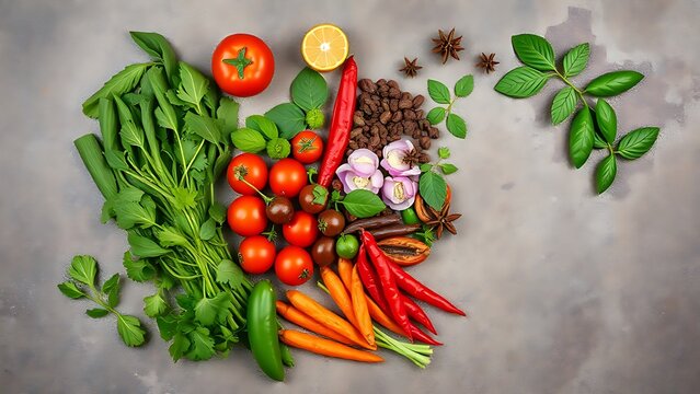 Fresh Asian ingredients are beautifully arranged on a stone surface, showcasing vibrant herbs and spices.