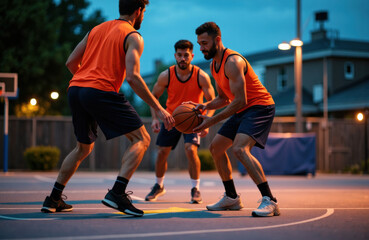A group of young men playing basketball on an outdoor court during evening hours