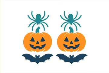 Smiling jack o lanterns with spiders and bats icons for Halloween
