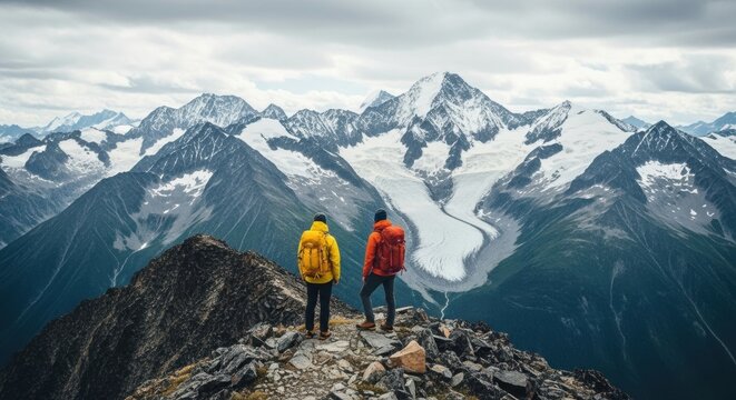 Two adventurers on a mountain peak overlooking a vast snowy range. Adventure travel and active lifestyle concept. Reaching the summit as a team for success and achievement - Powered by Adobe