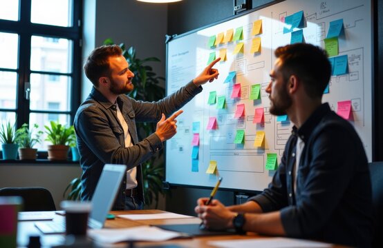 Team brainstorming session with colorful sticky notes on a whiteboard in a modern office environment