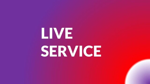 Live Service text animation for live church service broadcast on tv, online. Gradient purple, violet, red background, arc and white text. Stylish clean layout for streaming, presentation. Motion loop.
