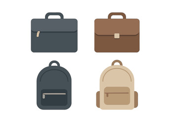 Assortment of briefcases and backpacks presented in a modern flat design style