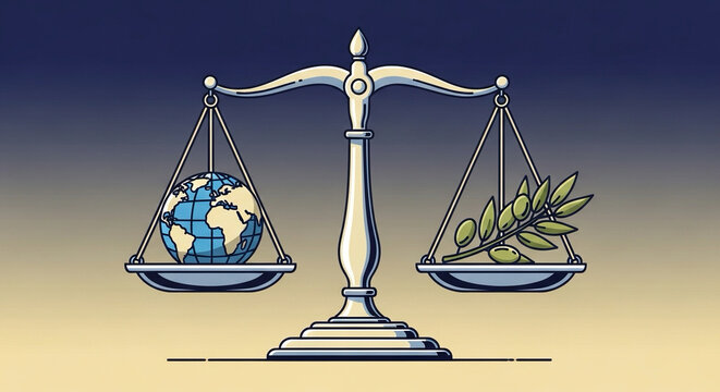 stylized illustration of a balance scale with globe on one side and olive branch on the other — justice and diplomacy